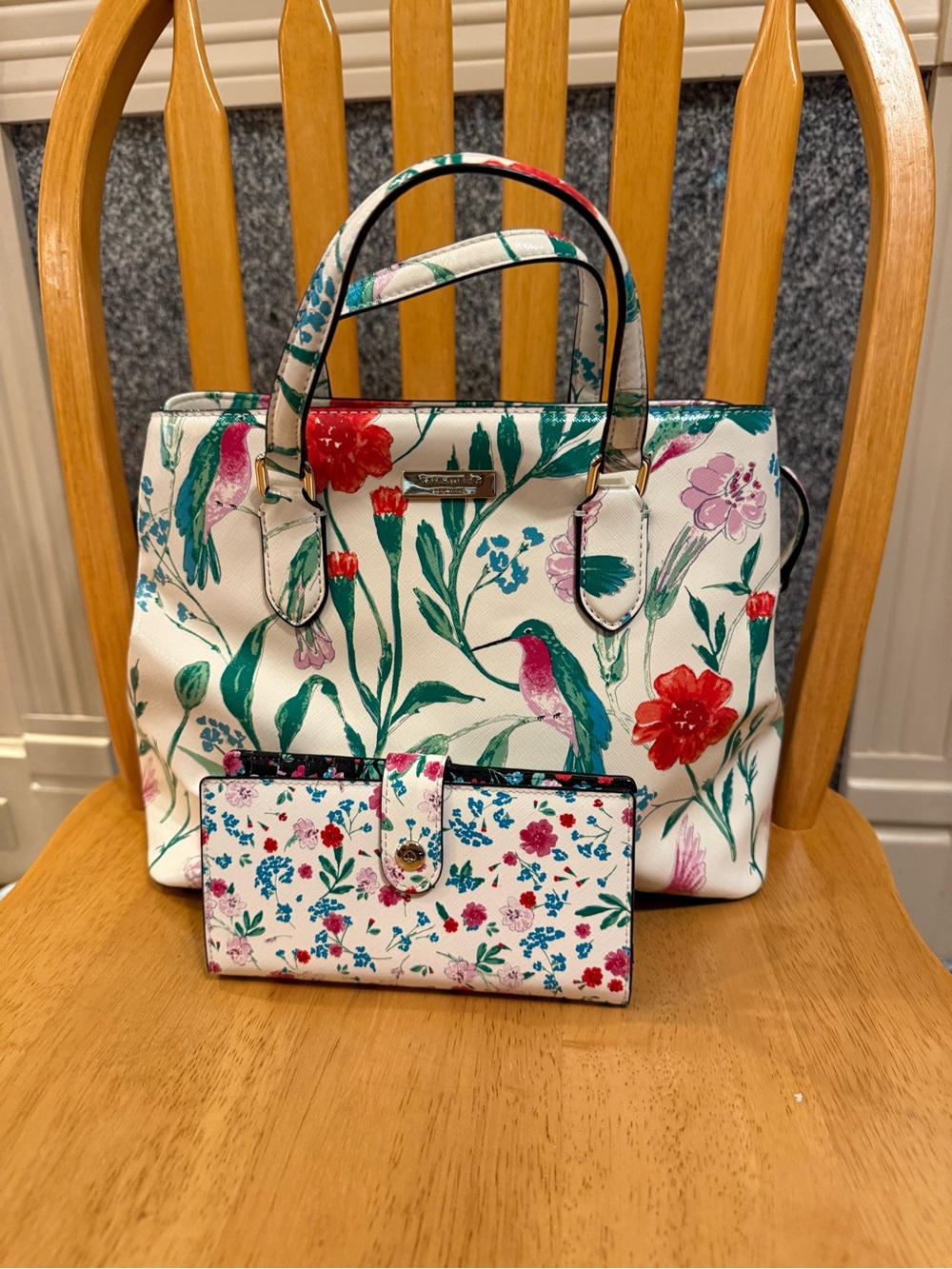 Floral Print Tote Bag with Matching Wallet - White Multi